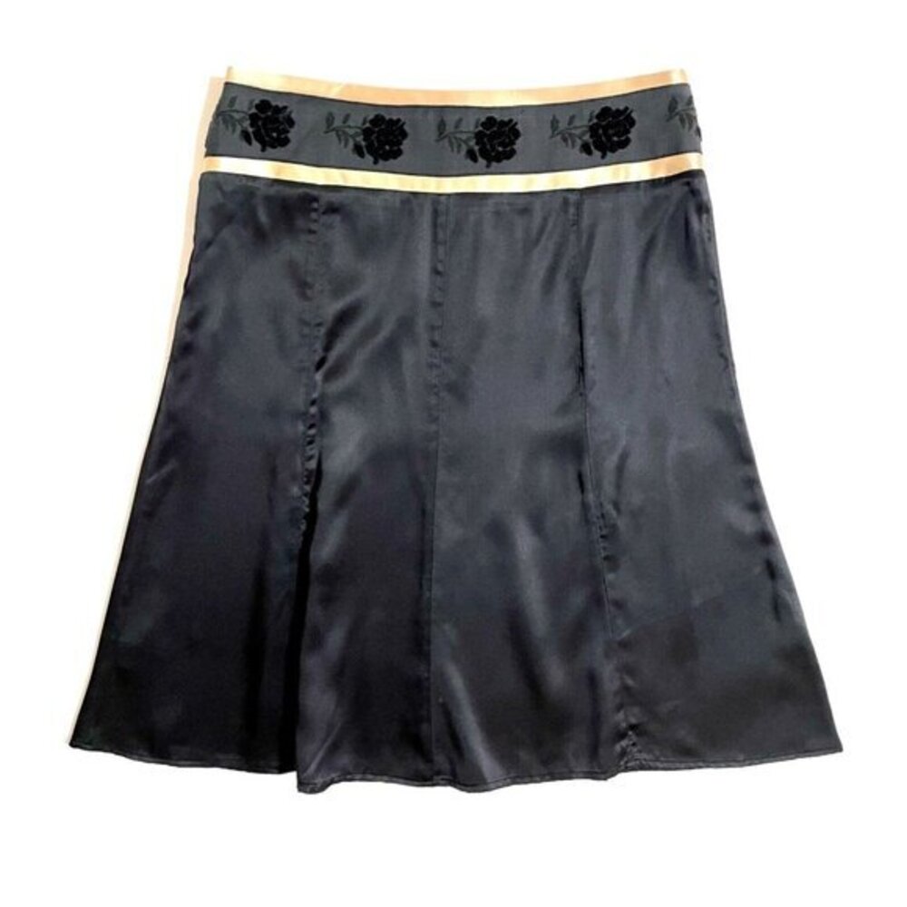 Ruth Black Silk Skirt Above Knee Floral Waist Print Gold Trim SZ 6 New